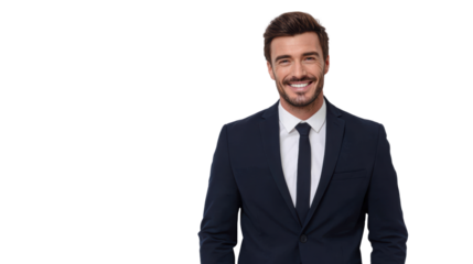 Smiling businessman in a suit, isolated on a white background.