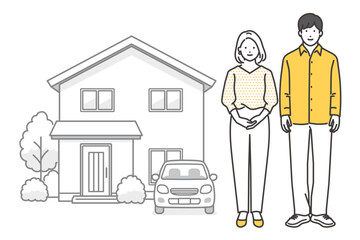 一軒家と車と若い夫婦のベクターイラスト素材