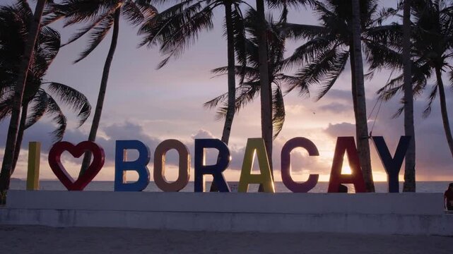 sign on tropical Bulabog Beach, Boracay island, Philippines