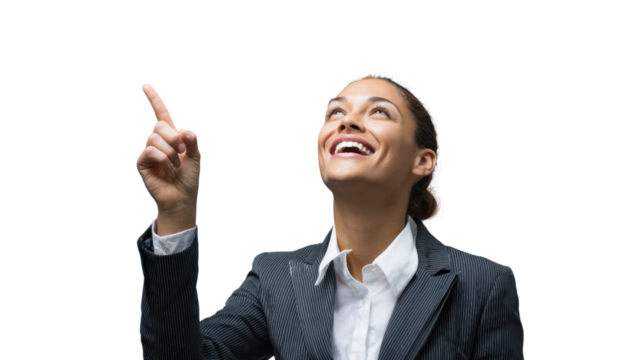 Smiling businesswoman pointing upwards, isolated on a white background.