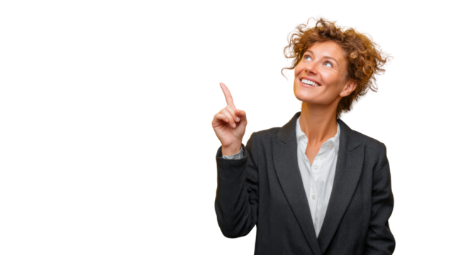 Smiling businesswoman pointing upwards, white isolate background.
