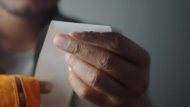 man checking shopping receipt closepup 