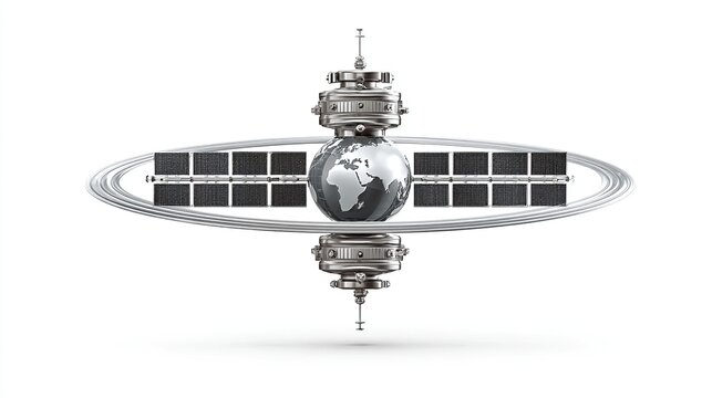 Silver spacecraft with solar panels orbiting a globe, representing global communication and exploration - Powered by Adobe