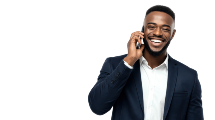Smiling man in a suit talking on a mobile phone, white isolated background.