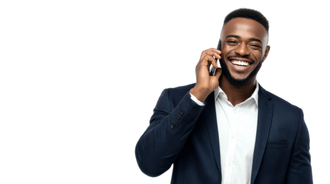 Smiling man in a suit talking on a mobile phone, white isolated background.