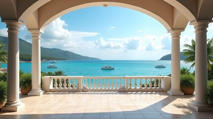 A 3D rendering Sea View From A Classic Archway. Serene Ocean Vista On A Sunny Day