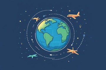 Naklejka premium Globe illustration with pins, navigation paths, and small airplanes, infographic flat style