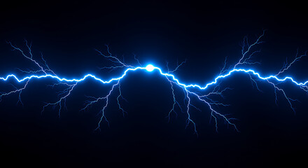 A bright blue electrical discharge crackles across a dark background with branching lightning bolts creating a powerful and energetic display