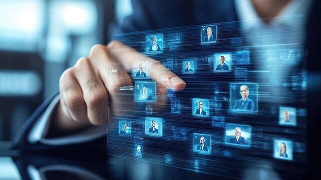 HR managers reviewing candidate profiles on a futuristic touch screen 