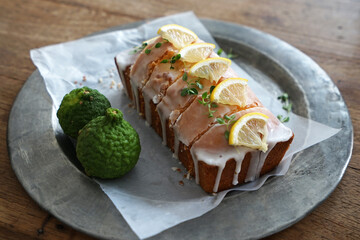 Close up Lemon pastry cake on aluminum plate