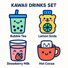 Adorable cartoon illustrations of four different kawaii-style beverages, each smiling.