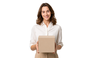 Smiling woman in a white blouse holding a cardboard box, isolated on a white background.