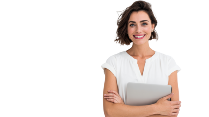 Smiling woman in white shirt holding a laptop, isolated on white background, professional and approachable.