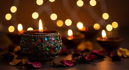 A traditional Indian lamp, resplendent with color, shines warmly against a backdrop of festive lights.

