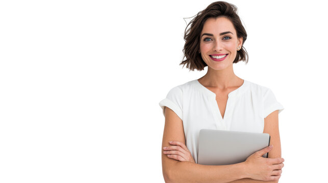 Smiling woman in white shirt holding a laptop, isolated on white background, professional and approachable.