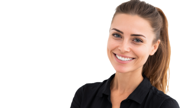 Smiling woman with long hair in a black shirt, isolated on white background.