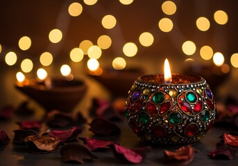 Traditional Indian diya with a vibrant design, casting a gentle glow amid blurred background lights.

