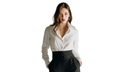 Stylish woman in a white shirt and black pants posing confidently against a white background.