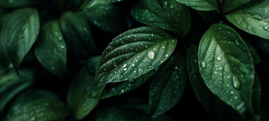 Fototapeta premium A background of soft green leaves with water droplets on them, symbolizing nature and environmental care, 
