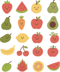 Adorable Cartoon Fruits and Vegetables Set with Smiling Faces - Healthy Food Illustrations for Kids and Design