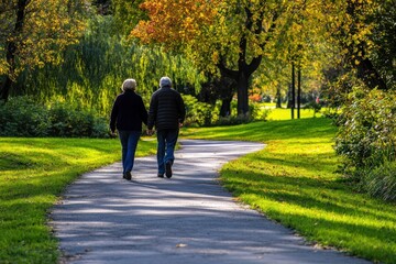 Friends aging gracefully, walking together on winding park path, rear perspective
