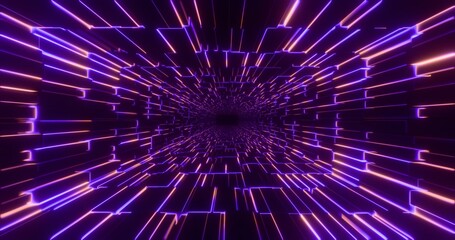 Futuristic glowing neon cube background. Shining geometric purple lines inside corridor in perspective. Bright retro digital cyberspace. 3D rendering.