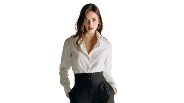 Stylish woman in a white shirt and black pants posing confidently against a white background.