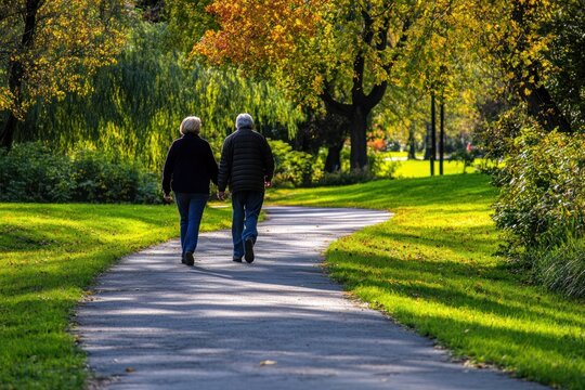 Friends aging gracefully, walking together on winding park path, rear perspective