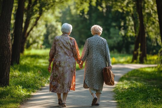 Friends aging gracefully, walking together on winding park path, rear perspective