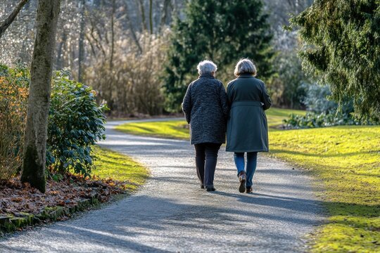 Friends aging gracefully, walking together on winding park path, rear perspective