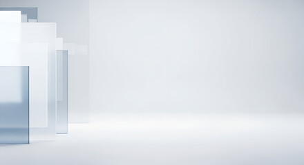 Abstract geometric composition of translucent glass panels in a clean studio setting