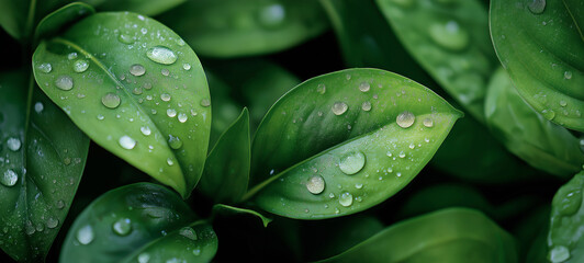 Fototapeta premium A background of soft green leaves with water droplets on them, symbolizing nature and environmental care, 