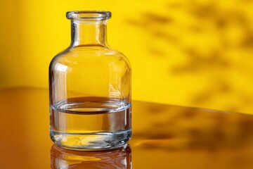 A transparent bottle containing clear liquid sits on a reflective surface against a yellow backdrop with blurred shadow shapes