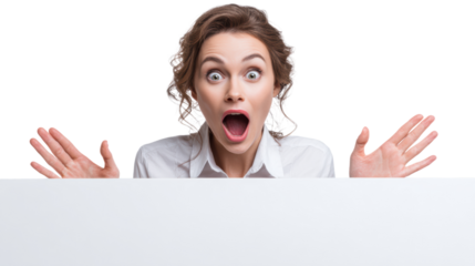 Surprised woman with open hands, shocked expression, isolated on white background.