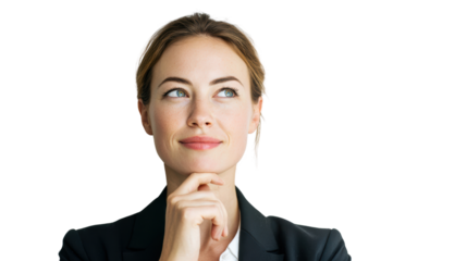 Thoughtful businesswoman in a suit contemplating ideas on a white isolate background.