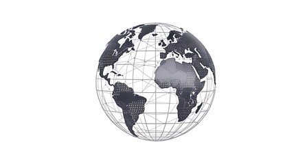 Fototapeta premium A grayscale image of a globe with visible continents and a wireframe structure on a white background.