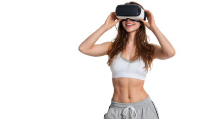 Woman enjoying virtual reality in sportswear, isolated on white background.