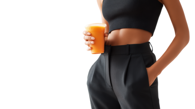 Woman enjoying a refreshing glass of orange juice, stylish outfit, isolated background.