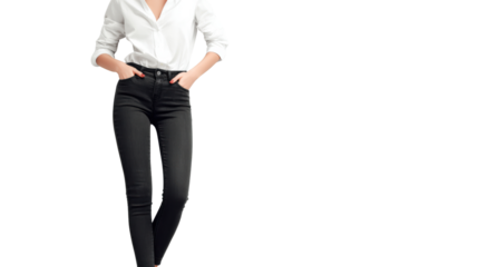 Woman in white shirt and black jeans, standing confidently with hands in pockets on an isolated background.