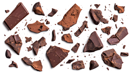 A close up of chocolate pieces scattered across a white background