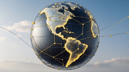 Global interconnectedness, a 3D model of Earth, connected by golden lines, against a light blue sky.