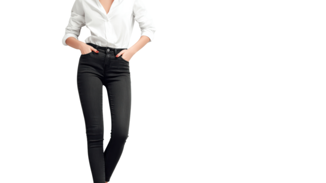 Woman in white shirt and black jeans, standing confidently with hands in pockets on an isolated background.