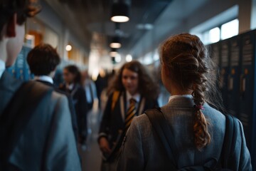 Students in school uniforms walking through a hallway lined with lockers during a busy class change, capturing the rhythm of academic life, peer interaction