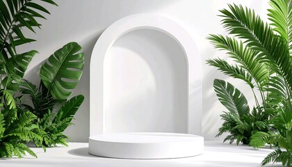 Modern Botanical Display Background with Arch and Greenery
