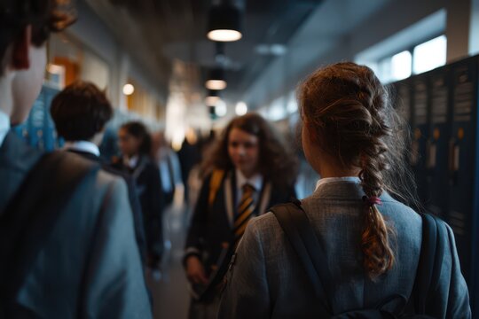 Students in school uniforms walking through a hallway lined with lockers during a busy class change, capturing the rhythm of academic life, peer interaction - Powered by Adobe