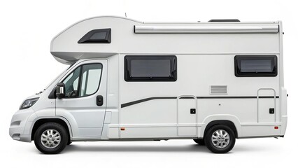 Modern white motorhome campervan with sleeping area above the cabin isolated on white background