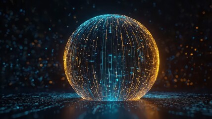 A glowing sphere with intricate lines and patterns in blue and gold on a dark reflective surface