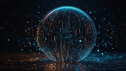 Glowing sphere with intricate circuit patterns and floating particles on a dark background