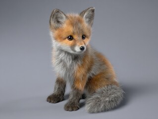 A small fox kit with orange and gray fur sitting on a gray background looking slightly to the right side