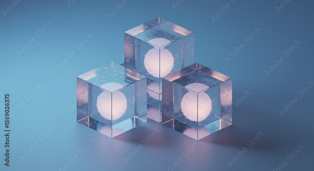 Fototapete three translucent glass cubes with glowing spheres inside arranged in a triangular formation on a gr